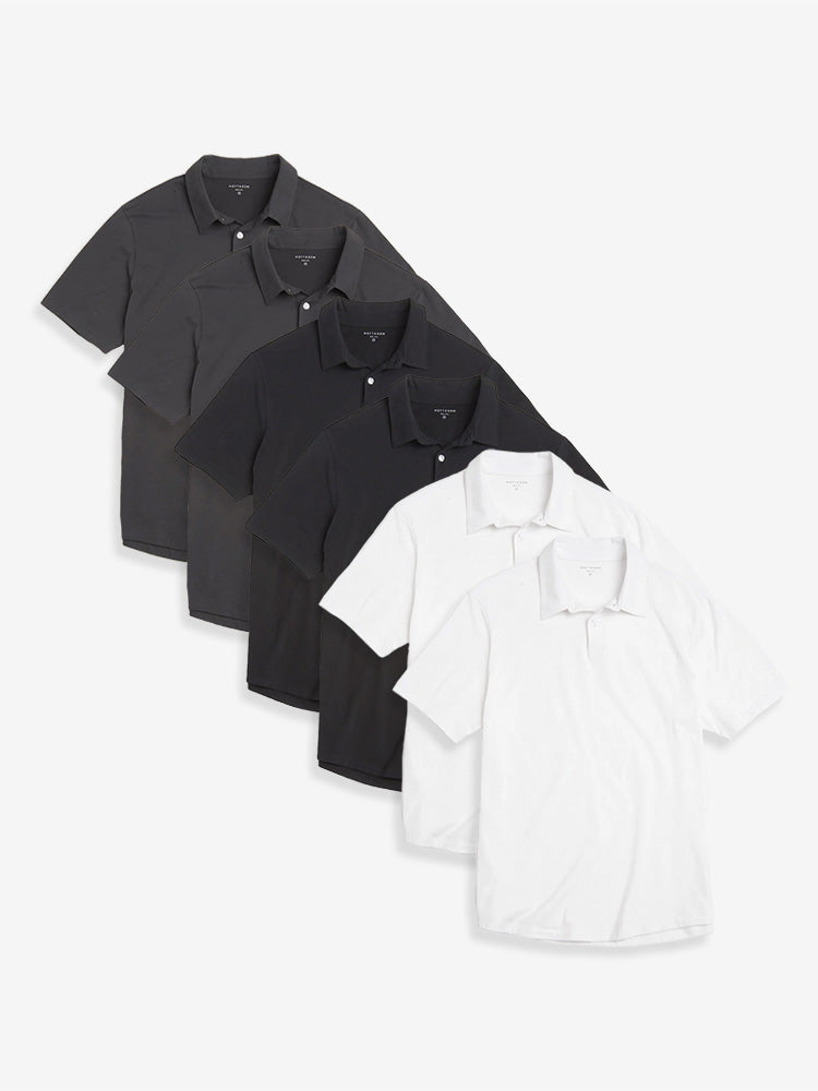 Men wearing 2 White/2 Black/2 Dark Gray Jersey Sueded Polo 6-Pack