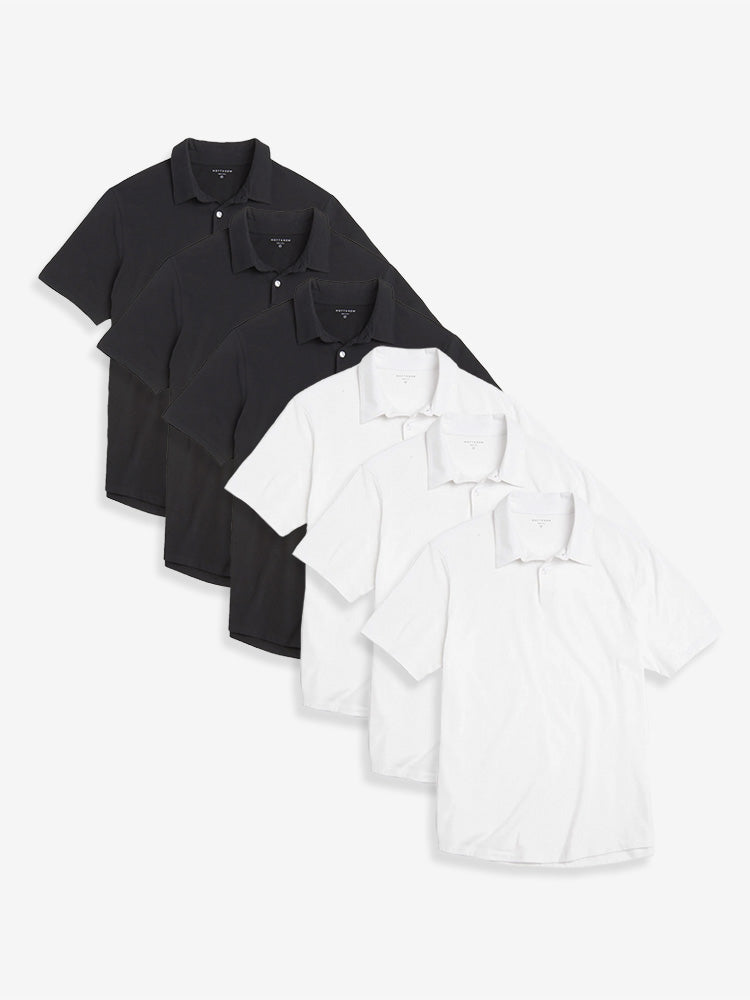 Men wearing 3 White/3 Black Jersey Sueded Polo 6-Pack shirts