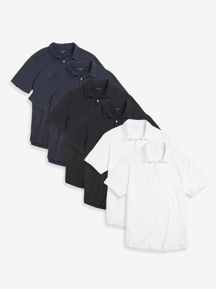 Men wearing 2 Navy/2 Black/2 White Jersey Sueded Polo 6-Pack shirts