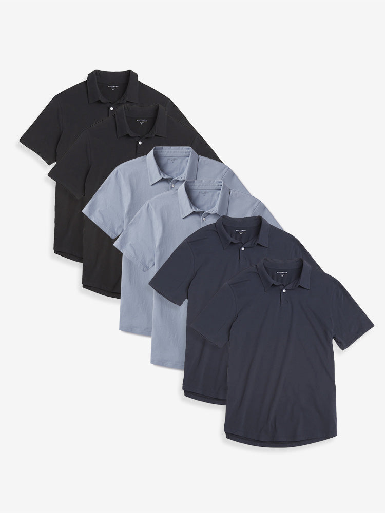 Men wearing California Blue/Black/Navy Jersey Sueded Polo 6-Pack
