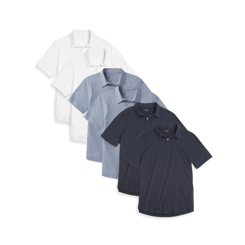 Men wearing White/California Blue/Navy Jersey Sueded Polo 6-Pack tees