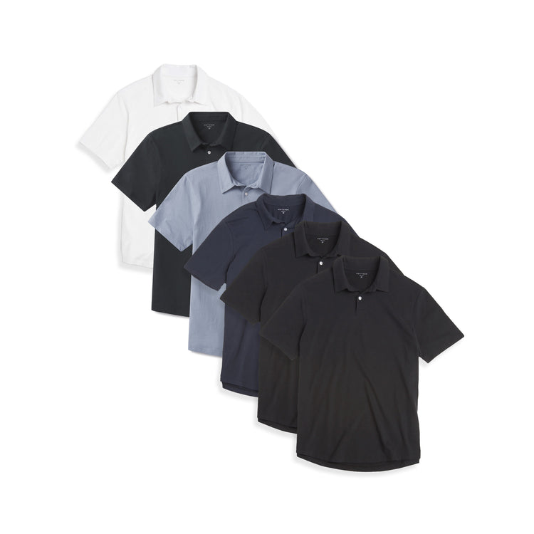 Men wearing Black/Black/California Blue/Navy/Pine/White Jersey Sueded Polo 6-Pack