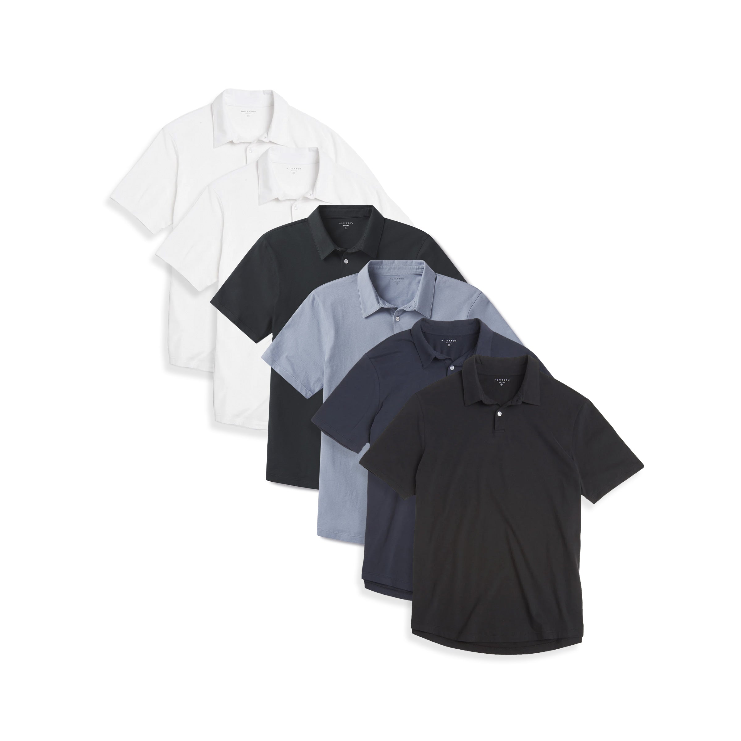 Men wearing White/White/California Blue/Black/Navy/Pine Jersey Sueded Polo 6-Pack tees