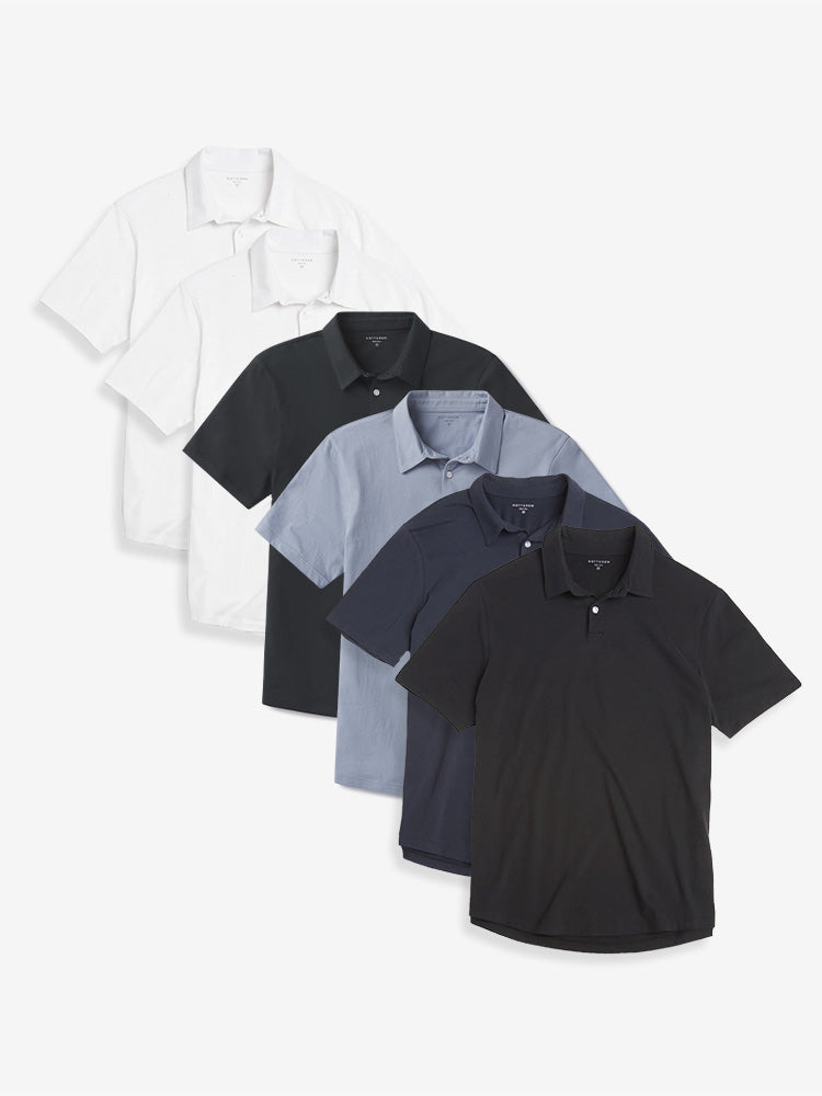 Men wearing White/White/California Blue/Black/Navy/Pine Jersey Sueded Polo 6-Pack