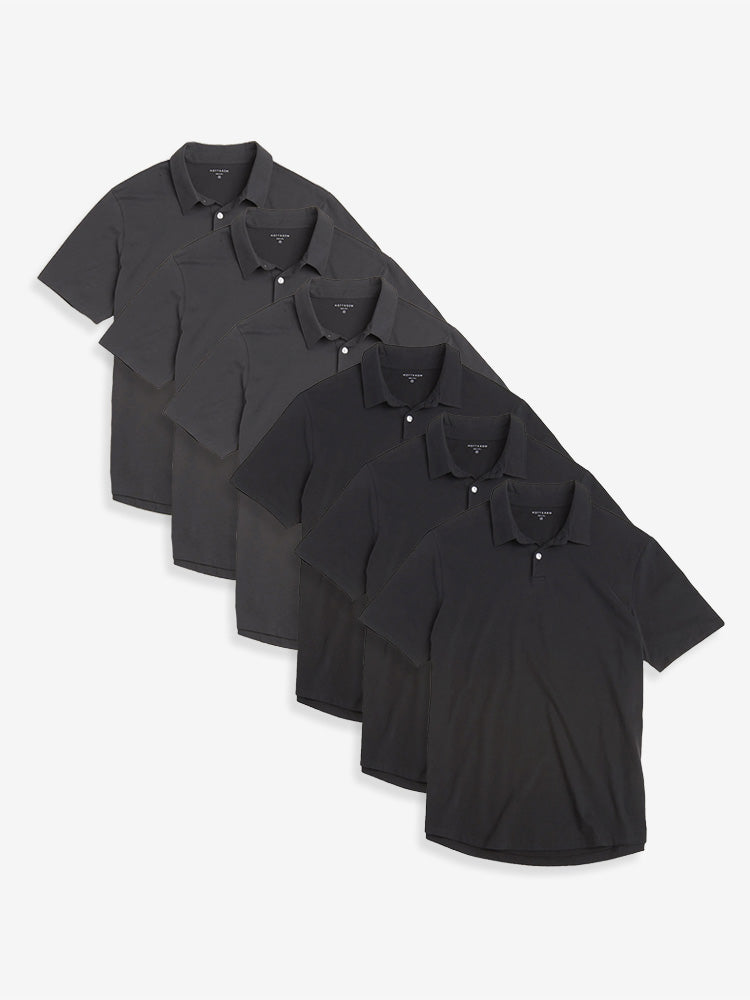 Men wearing 3 Black/3 Dark Gray Jersey Sueded Polo 6-Pack shirts
