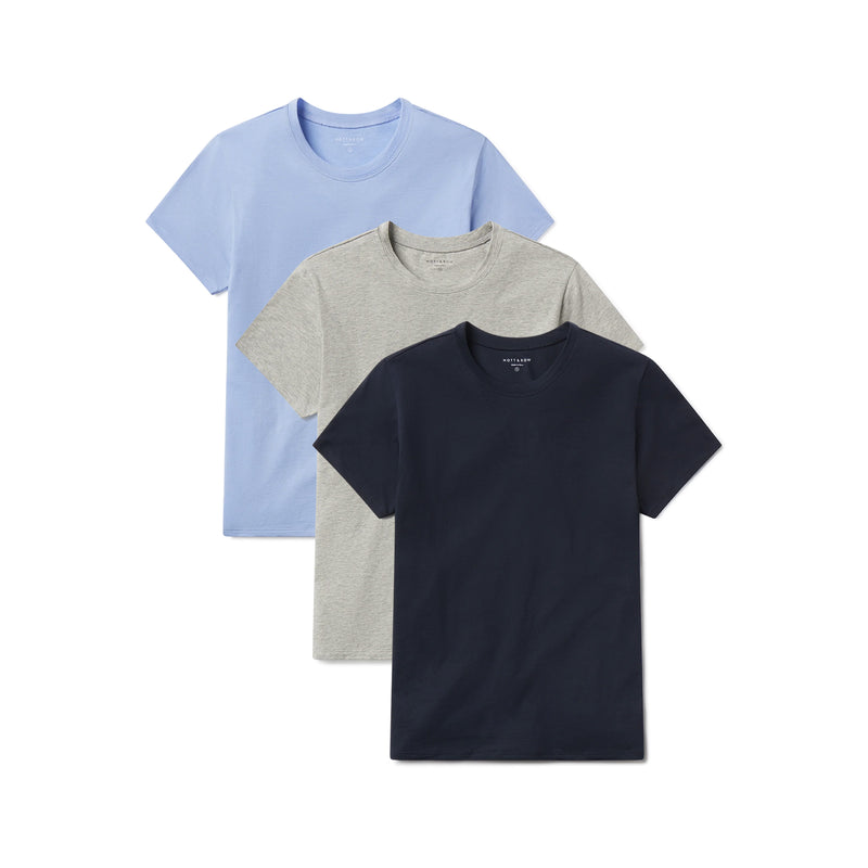 Women wearing Navy/Heather Gray/Hydrangea Relaxed Crew Marcy Tee 3-Pack tees