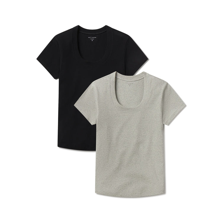 Women wearing Black/Heather Gray Rib Scoop Neck Tee 2-Pack