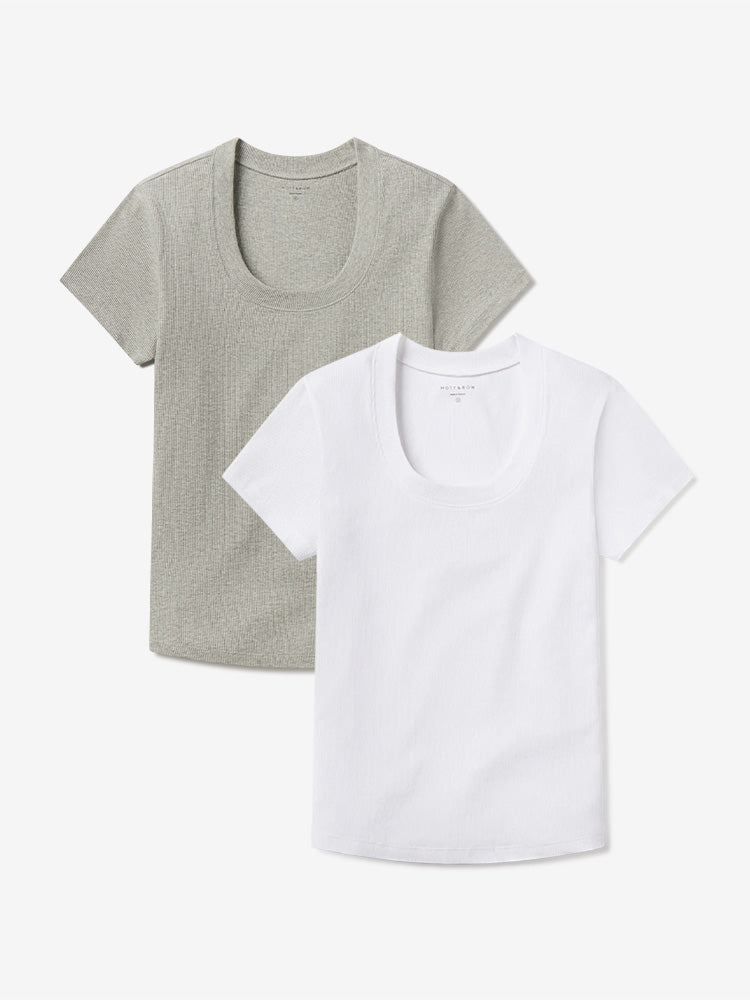 Women wearing Heather Gray/White Rib Scoop Neck Tee 2-Pack
