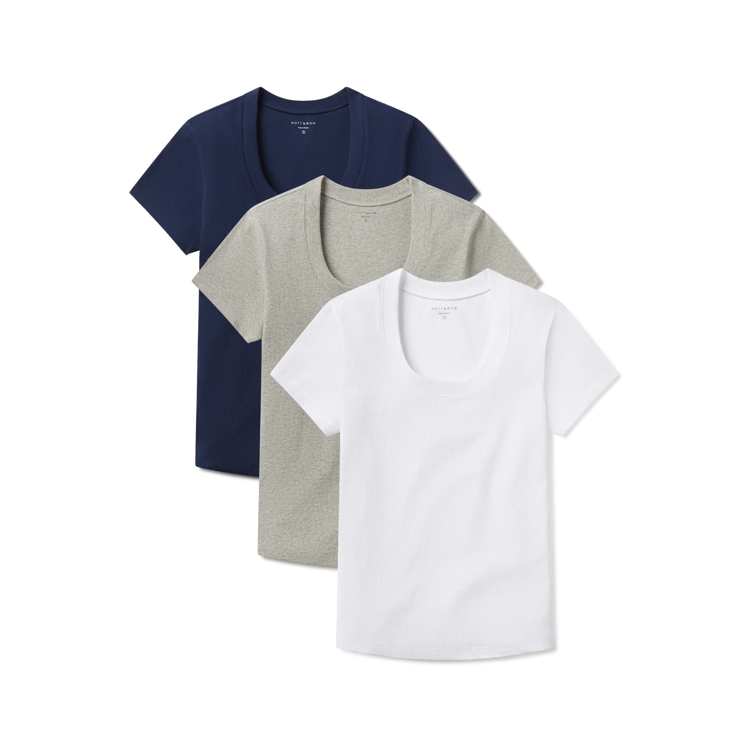 Women wearing Navy/Heather Gray/White Rib Scoop Neck Tee 3-Pack tees