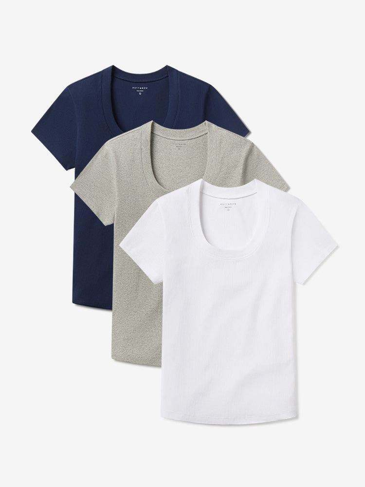Women wearing Navy/Heather Gray/White Rib Scoop Neck Tee 3-Pack