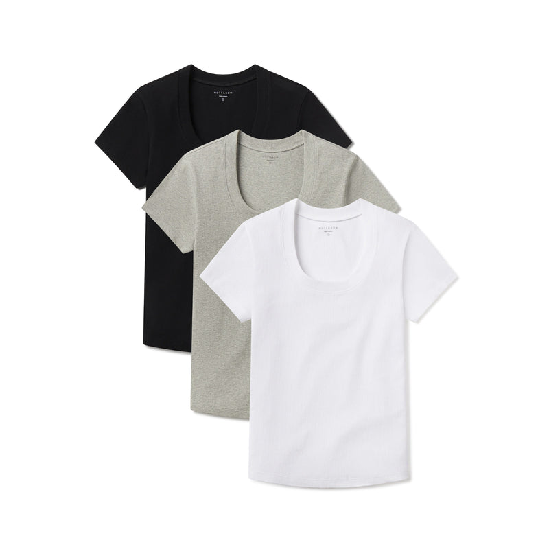 Women wearing White/Black/Heather Gray Rib Scoop Neck Tee 3-Pack tees