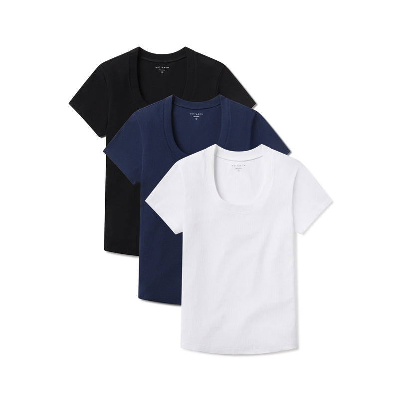 Women wearing White/Black/Navy Rib Scoop Neck Tee 3-Pack tees