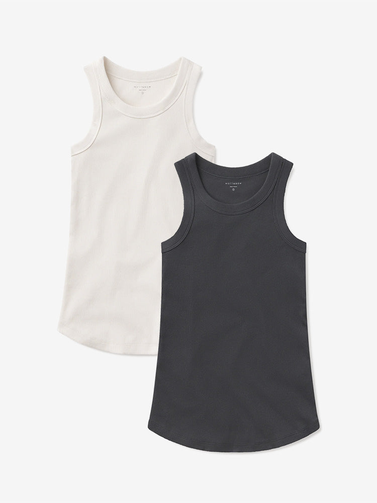 Women wearing Pearl White/Dark Gray Rib Tank Tee 2-Pack