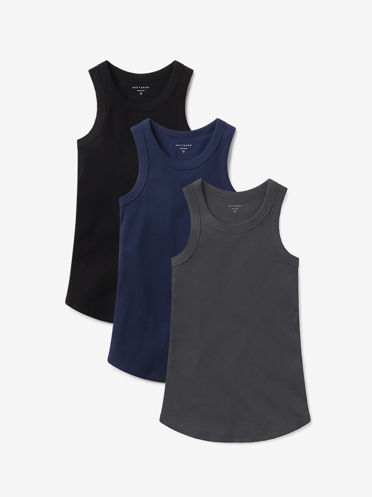 Women wearing Dark Gray/Navy/Black Rib Tank Tee 3-Pack