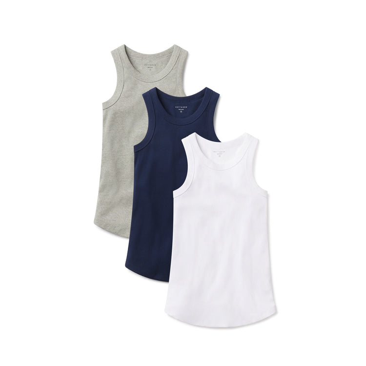 Women wearing Navy/Heather Gray/White Rib Tank Tee 3-Pack