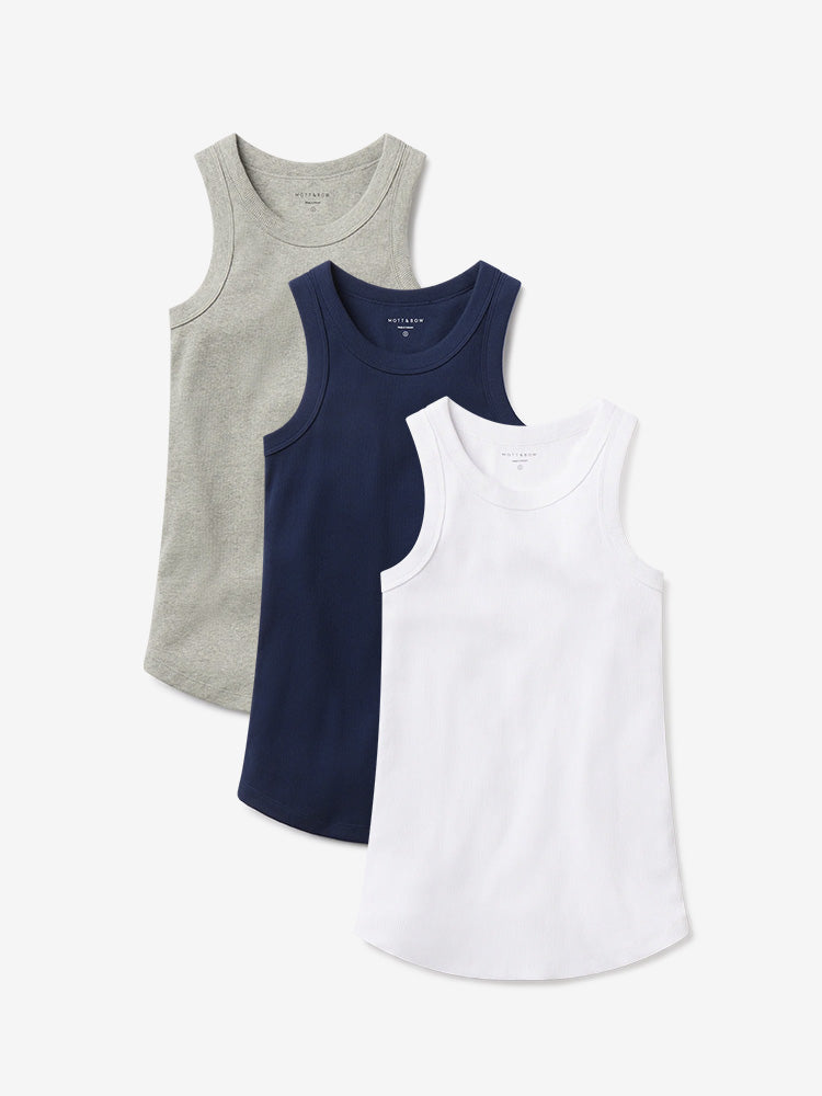 Women wearing Navy/Heather Gray/White Rib Tank Tee 3-Pack