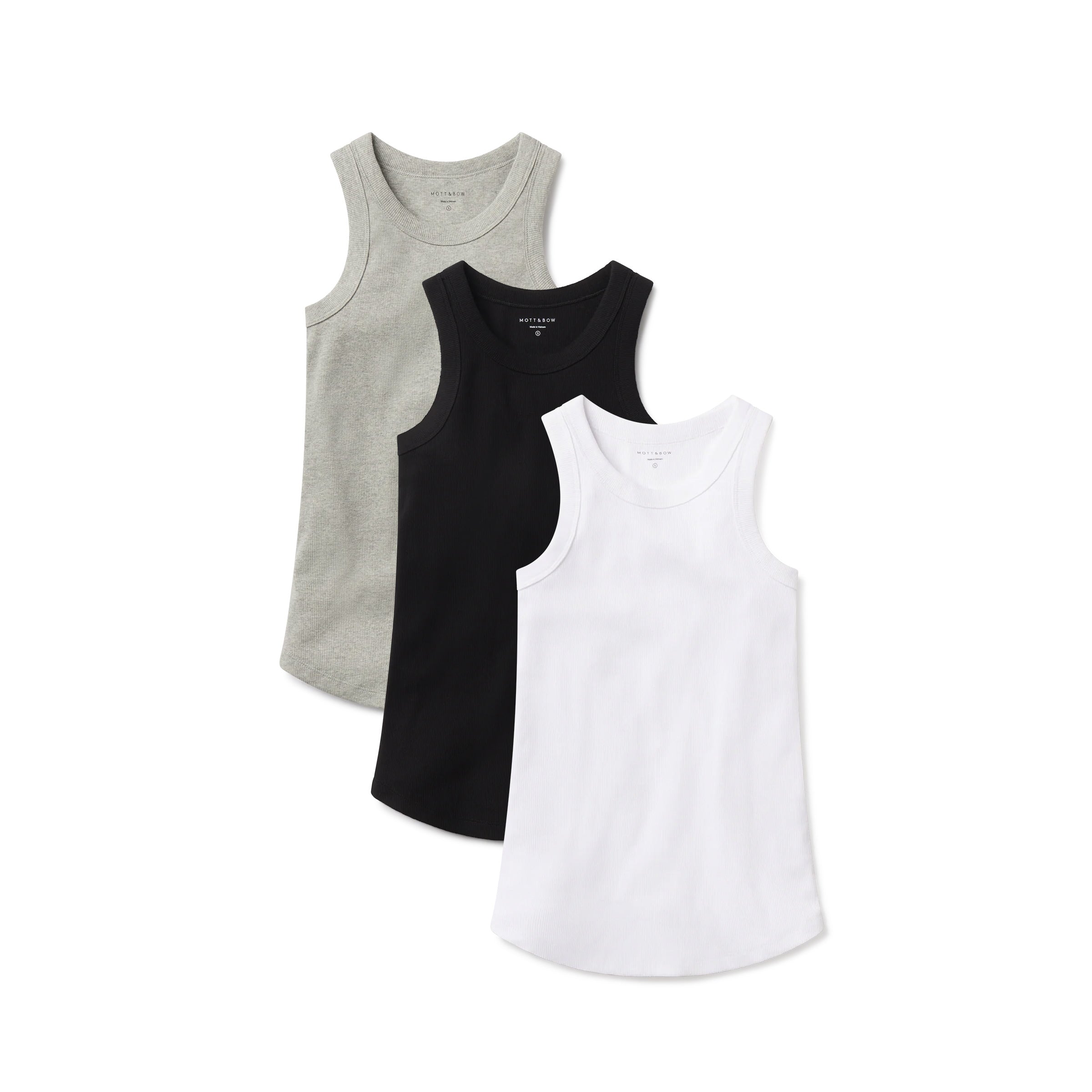 Women wearing White/Black/Heather Gray Rib Tank Tee 3-Pack tees