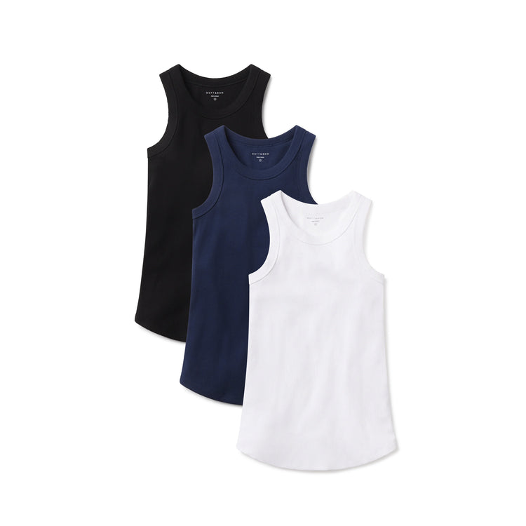 Women wearing White/Black/Navy Rib Tank Tee 3-Pack