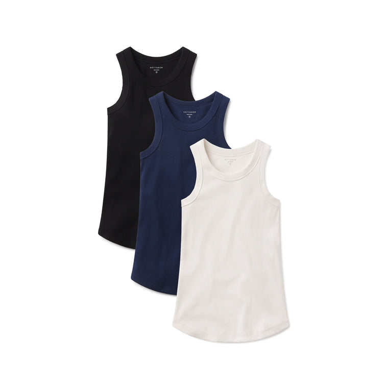 Women wearing White Pearl/Black/Navy Rib Tank Tee 3-Pack