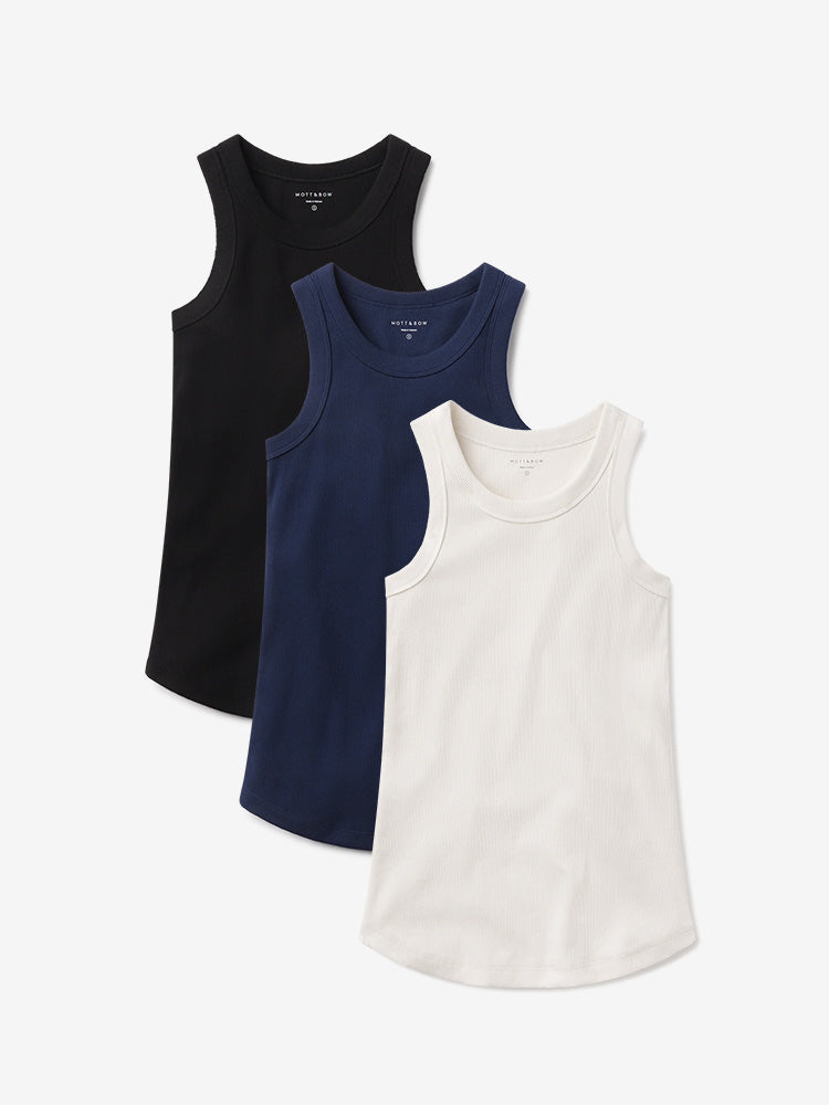 Women wearing White Pearl/Black/Navy Rib Tank Tee 3-Pack