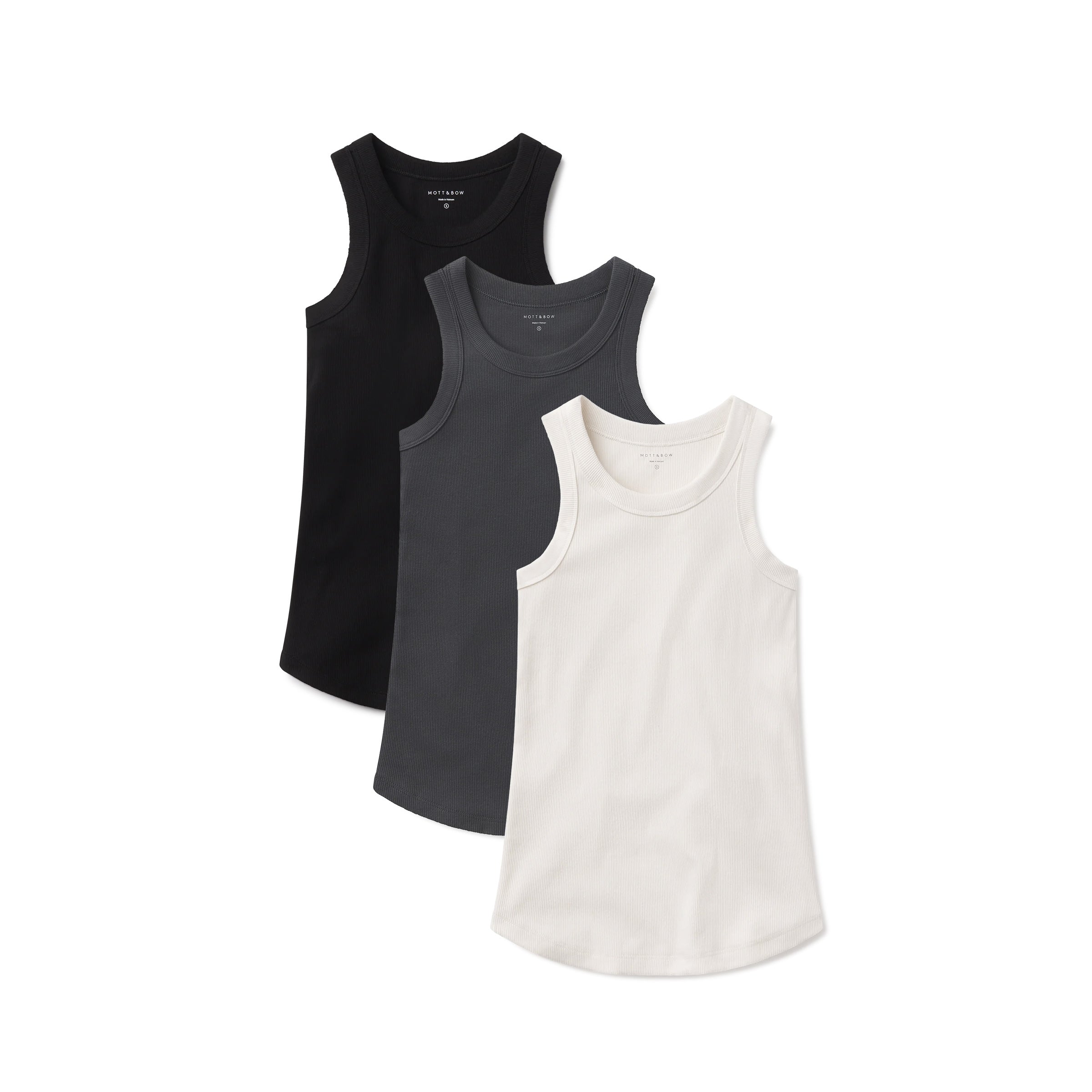Women wearing White Pearl/Dark Gray/Black Rib Tank Tee 3-Pack tees