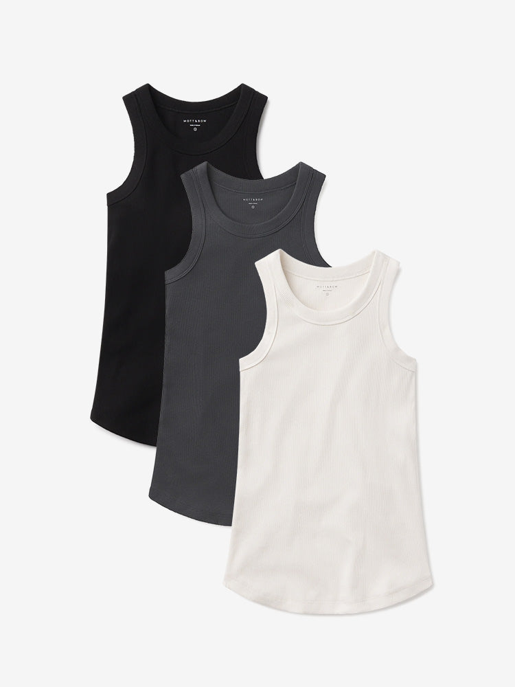 Women wearing White Pearl/Dark Gray/Black Rib Tank Tee 3-Pack