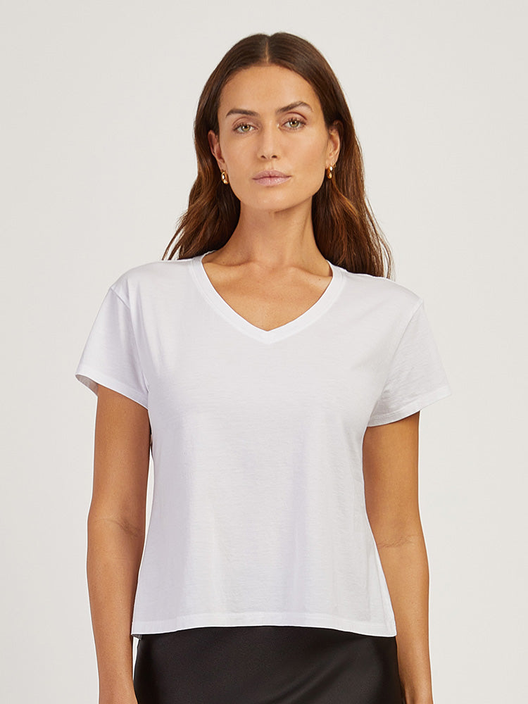 Women wearing Black Cotton Relaxed V-Neck Tee