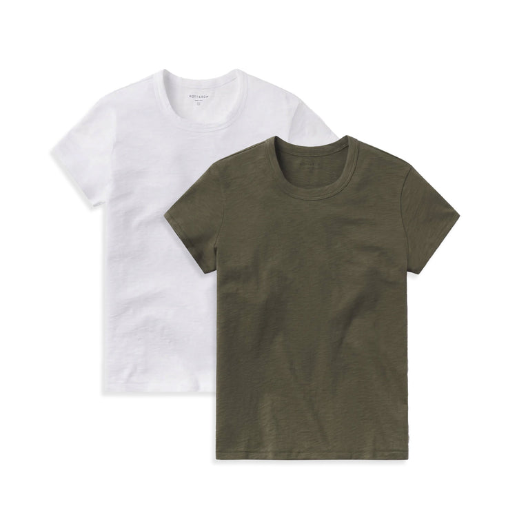 Women wearing Military Green/White Classic Crew Slub 2-Pack