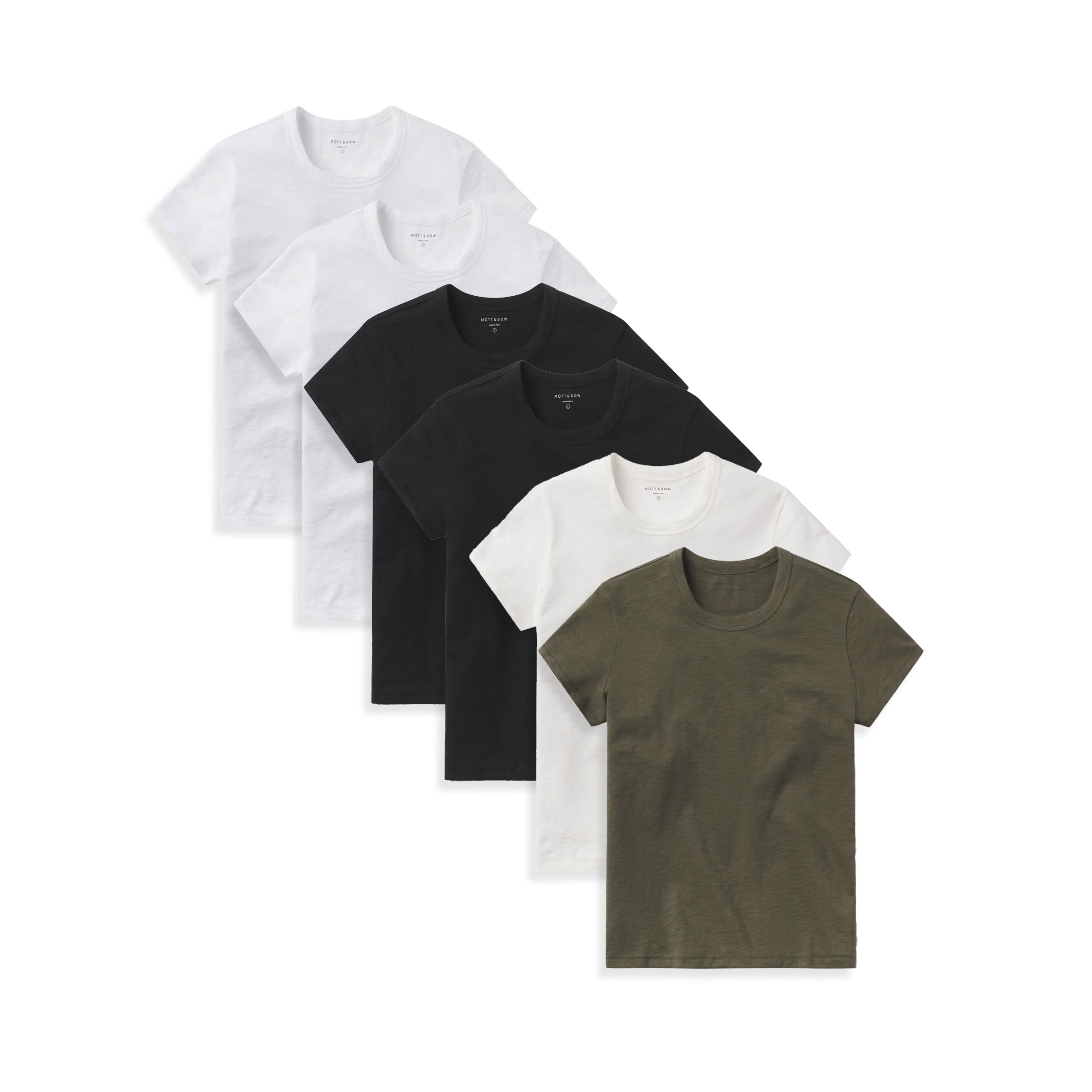 Women wearing White/White/Black/Black/Bone/Military Green Classic Crew Slub 6-Pack tees