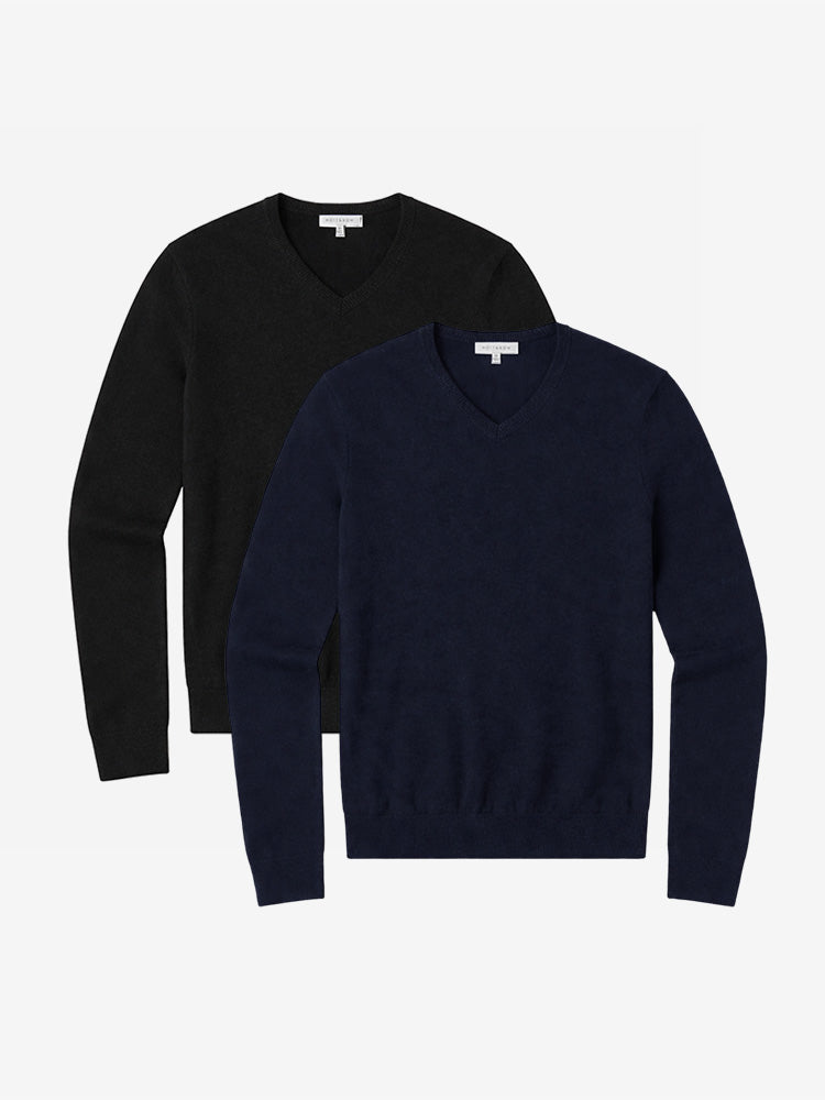 Men wearing Black/Navy Classic Cashmere V-Neck Bergen Sweater 2-Pack