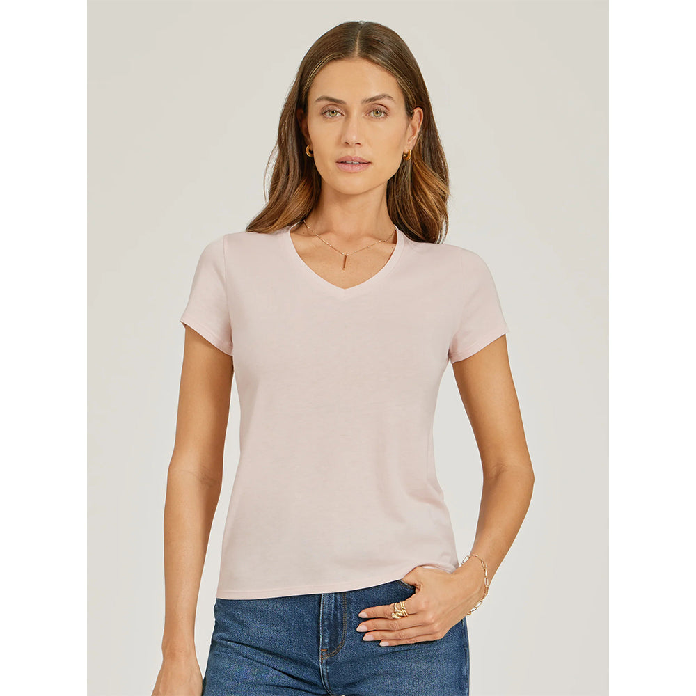 Women wearing White Mott&Bow | Fitted V-Neck Marcy Tee tt tees