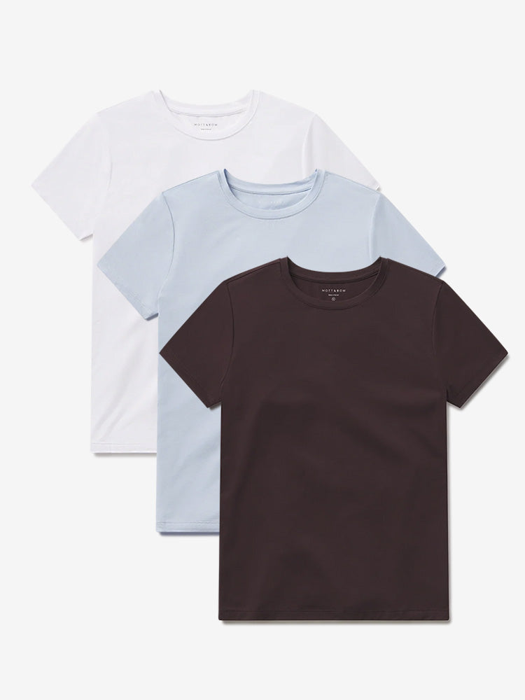 Women wearing Ice Blue/Espresso/White Second Skin Crew Tee 3-Pack