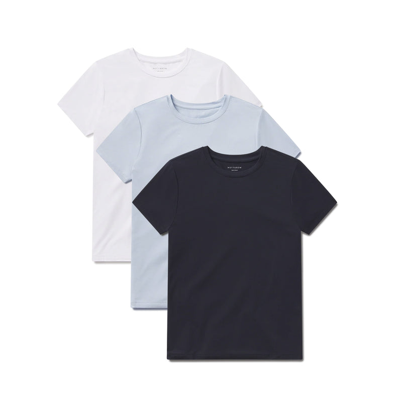 Women wearing White/Navy/Ice Blue Second Skin Crew Tee 3-Pack tees