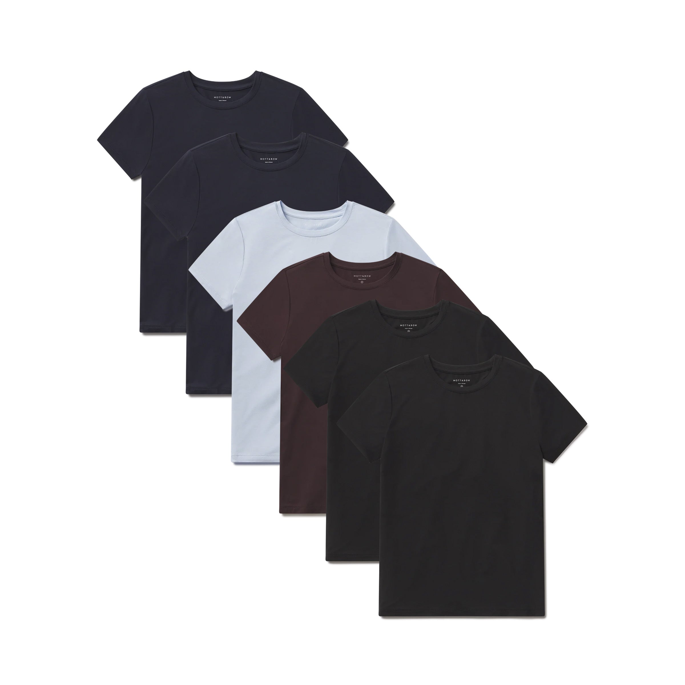 Women wearing Black/Black/Navy/Navy/Espresso/Ice Blue Second Skin Crew Tee 6-Pack tees