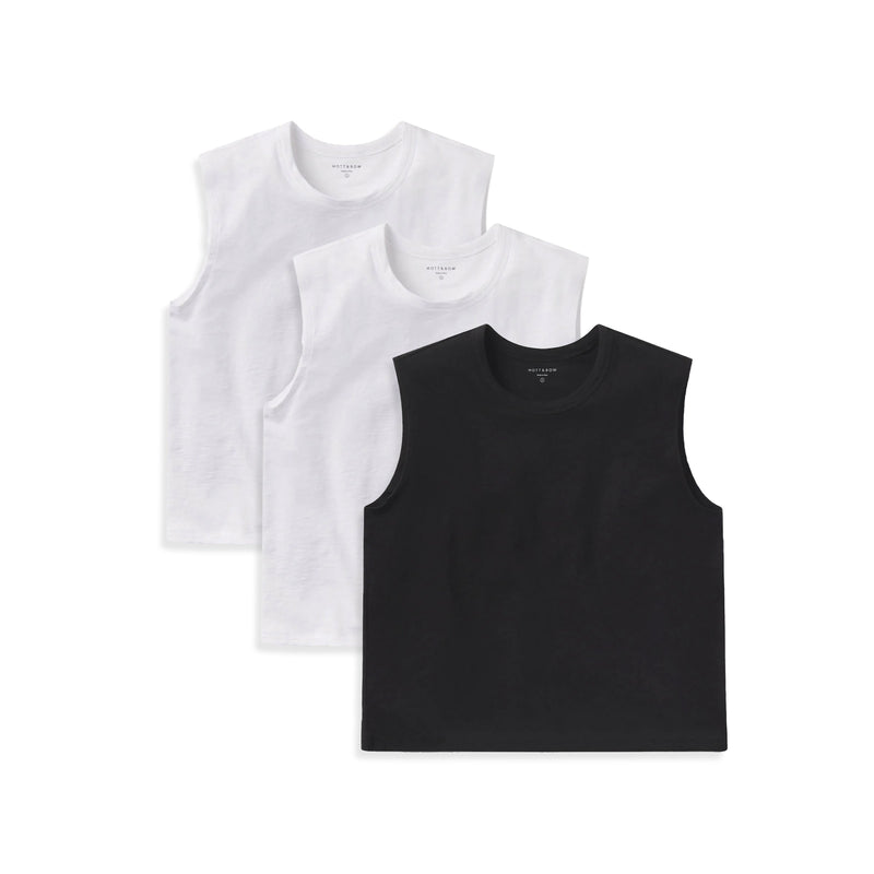 Women wearing White/White/Black Relaxed Slub Tank 3-Pack tees