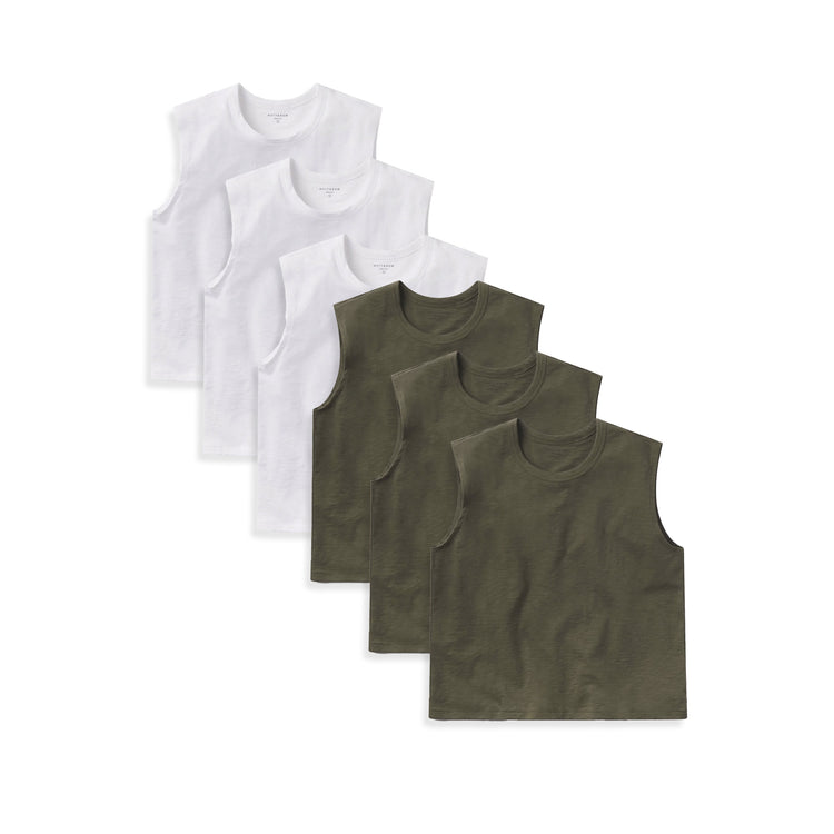 Women wearing Blanc/Vert Militaire Relaxed Slub Tank 6-Pack