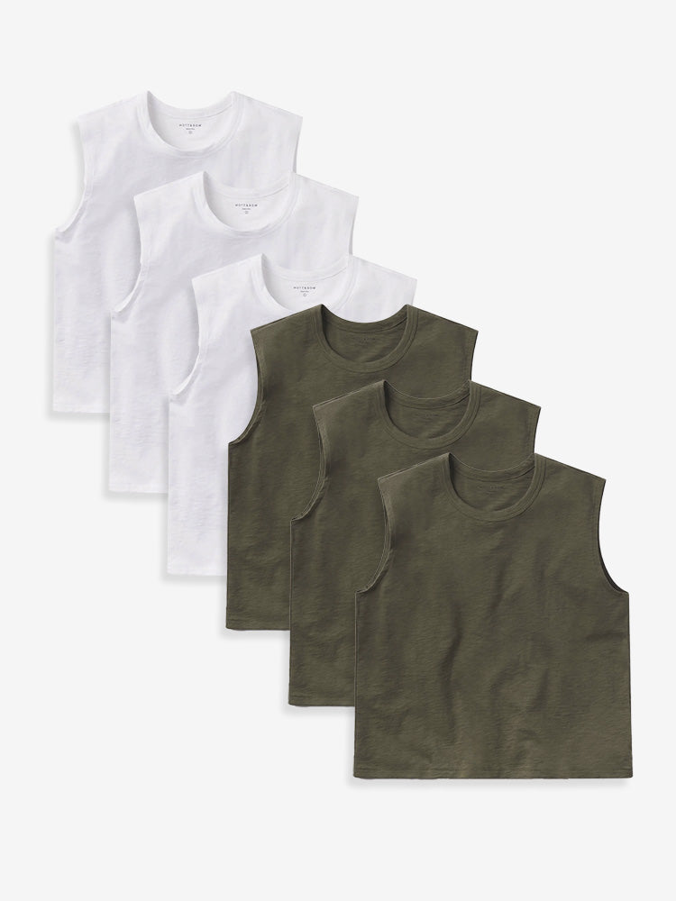 Women wearing Blanc/Vert Militaire Relaxed Slub Tank 6-Pack tees