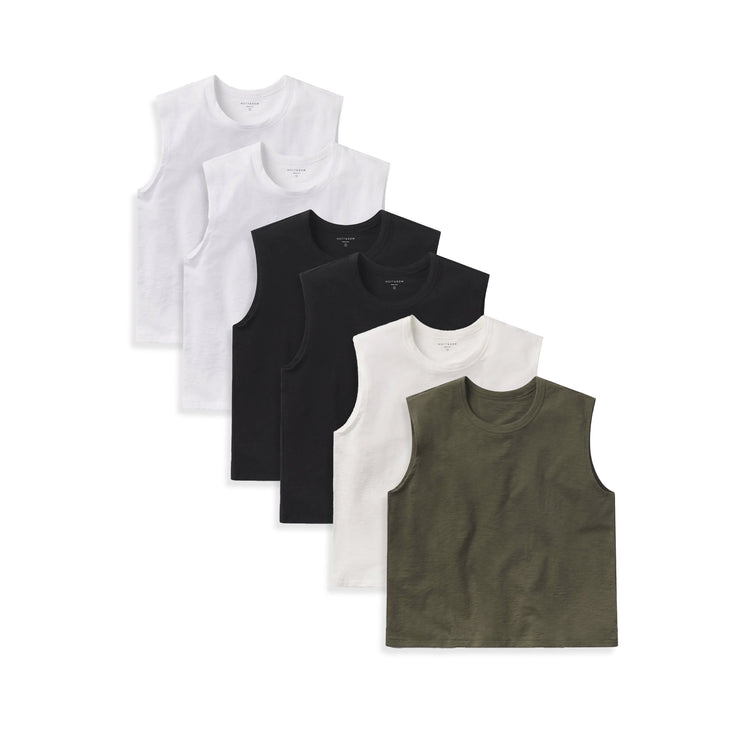 Women wearing White/White/Black/Black/Bone/Military Green Relaxed Slub Tank 6-Pack