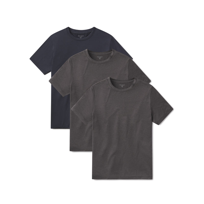  wearing Charcoal Heather/Charcoal Heather/Navy Heather Tech Tee 3-Pack tees