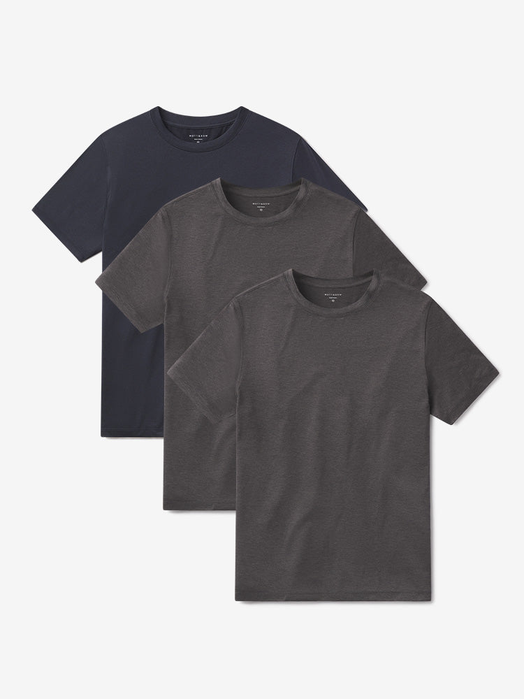  wearing Charcoal Heather/Charcoal Heather/Navy Heather Tech Tee 3-Pack