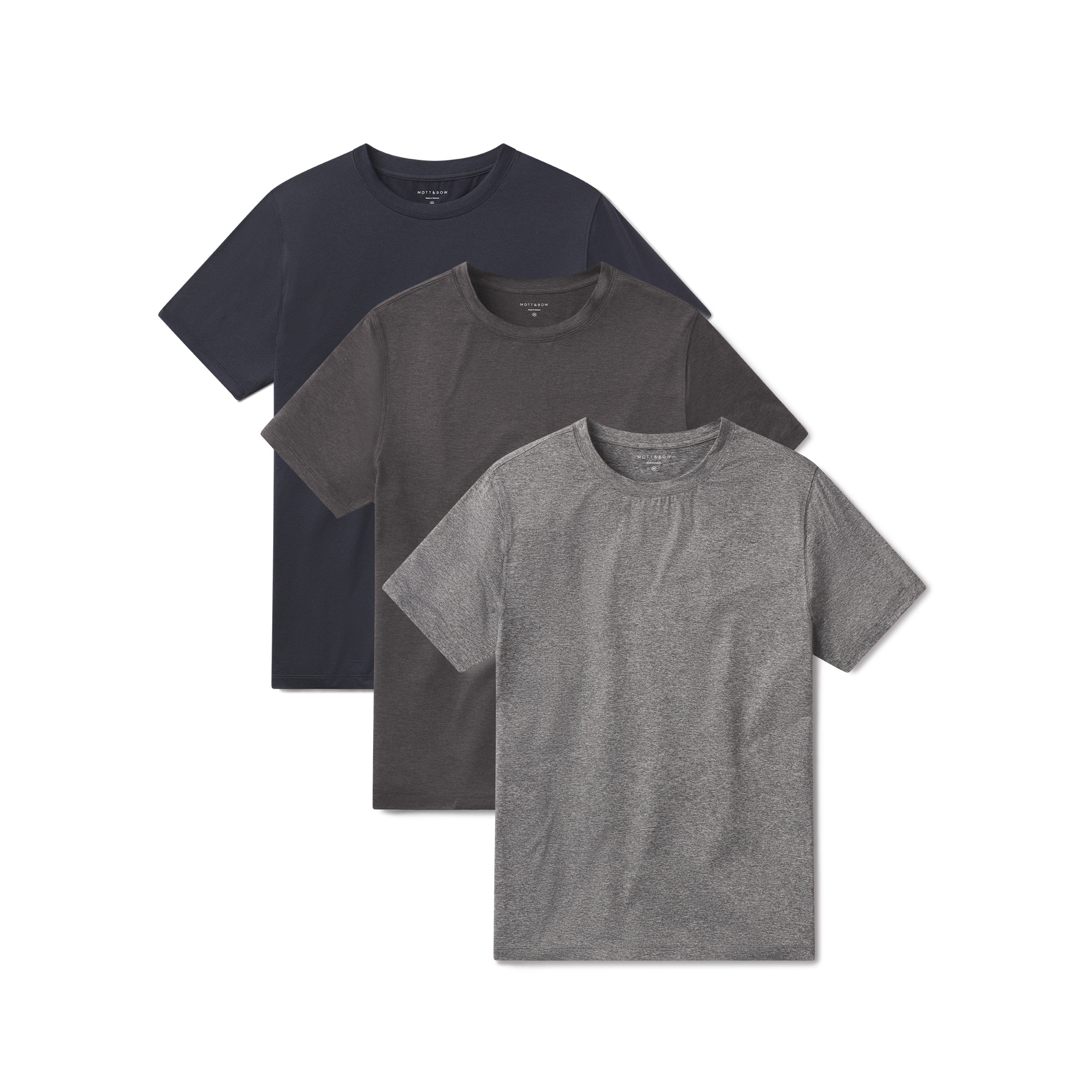  wearing Heather Gray/Navy Heather/Charcoal Heather Tech Tee 3-Pack tees
