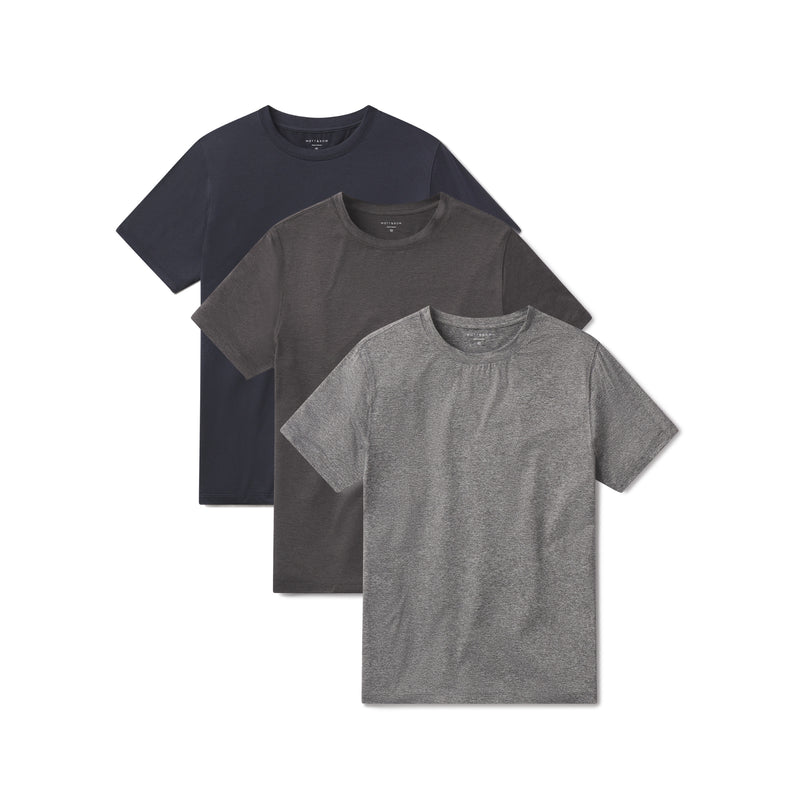  wearing Heather Gray/Navy Heather/Charcoal Heather Tech Tee 3-Pack tees