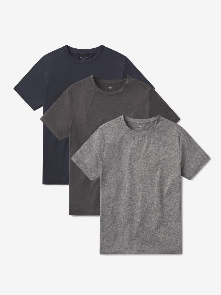  wearing Heather Gray/Navy Heather/Charcoal Heather Tech Tee 3-Pack