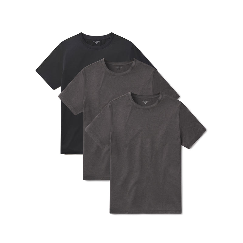  wearing Charcoal Heather/Charcoal Heather/Black Heather Tech Tee 3-Pack tees