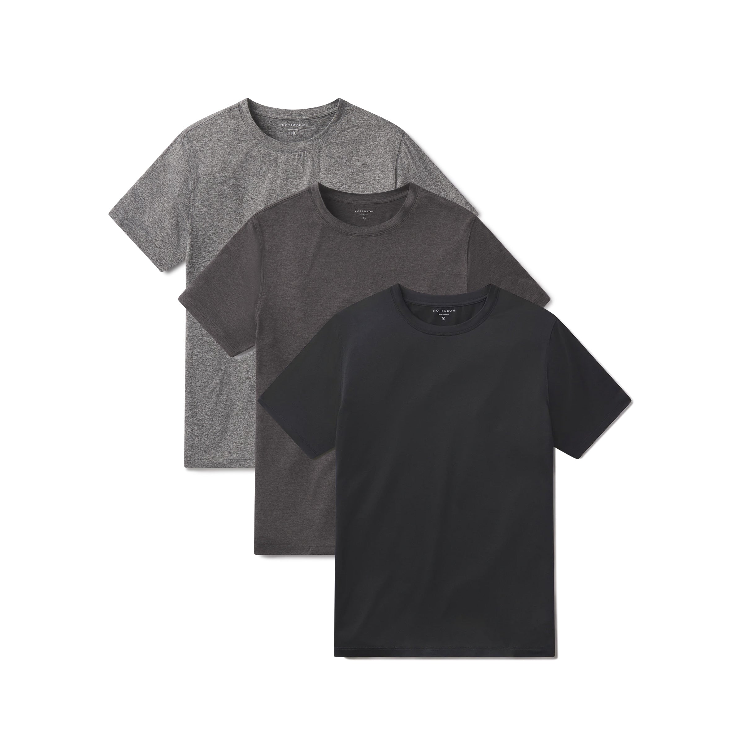  wearing Black Heather/Charcoal Heather/Heather Gray Tech Tee 3-Pack tees