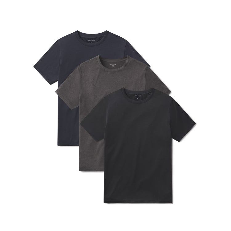 wearing Black Heather/Navy Heather/Charcoal Heather Tech Tee 3-Pack
