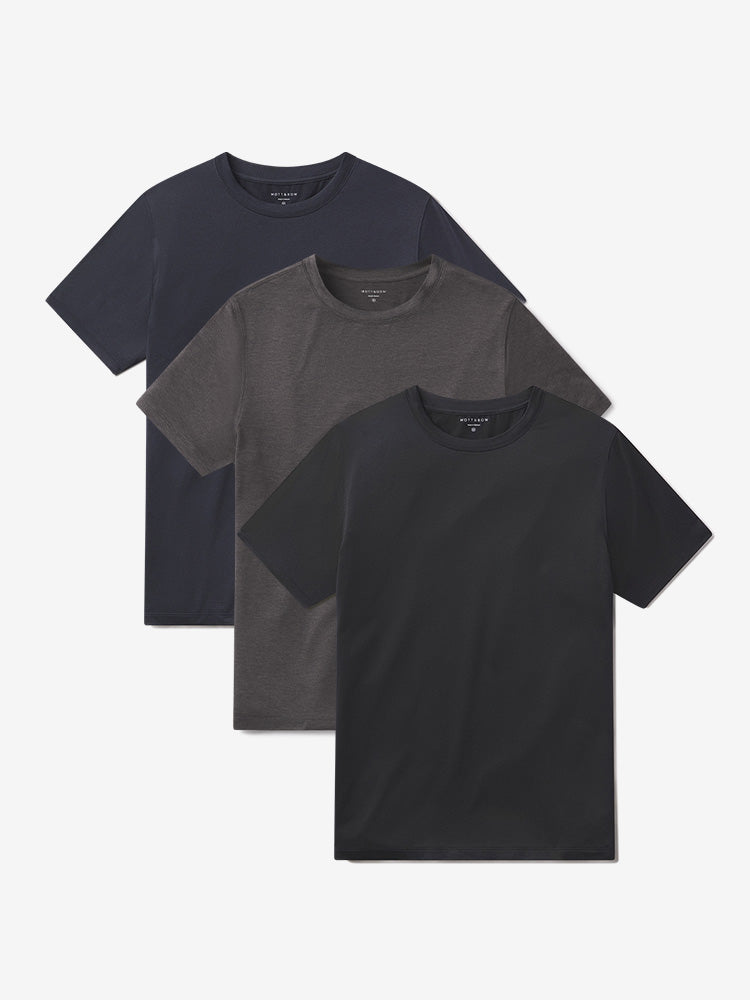  wearing Black Heather/Navy Heather/Charcoal Heather Tech Tee 3-Pack