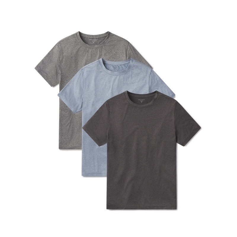  wearing Sky Blue Heather/Heather Gray/Charcoal Heather Tech Tee 3-Pack tees