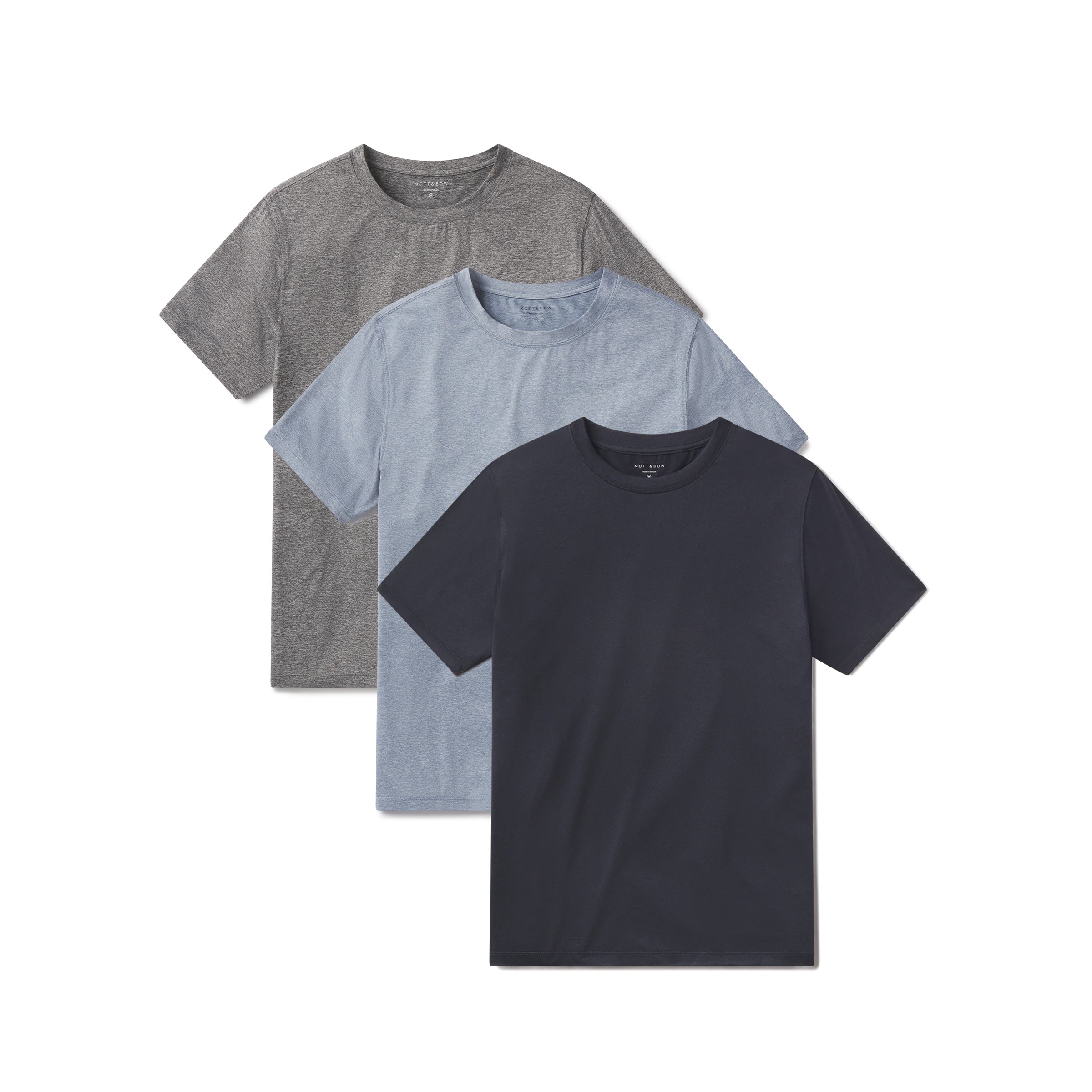  wearing Sky Blue Heather/Navy Heather/Heather Gray Tech Tee 3-Pack tees