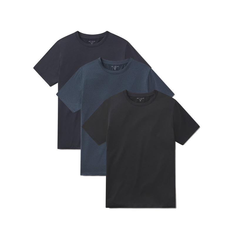  wearing Teal Heather/Navy Heather/Black Heather Tech Tee 3-Pack tees